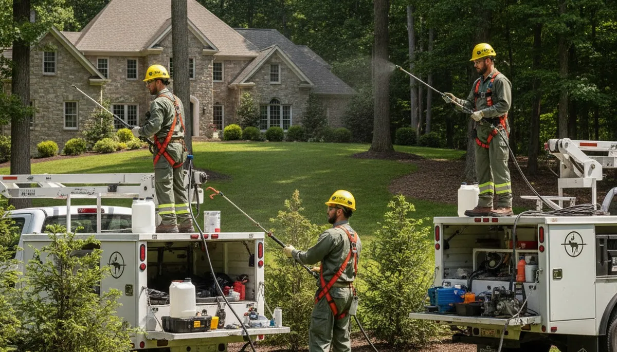 Omaha, NE tree service crew installing deer deterrent protection for trees and landscaping